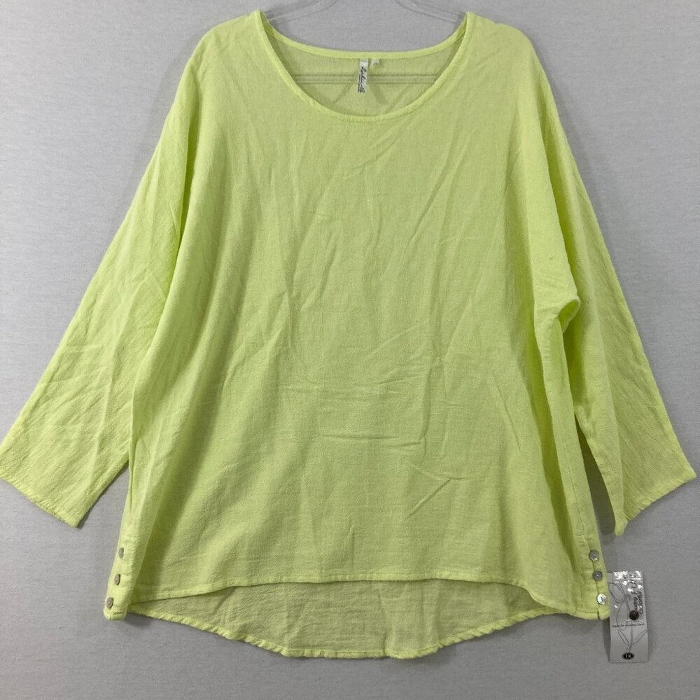 New Lulu-B 1X Lime Green Lagenlook Relaxed Blouse Vacation Summer Gauzy Cotton